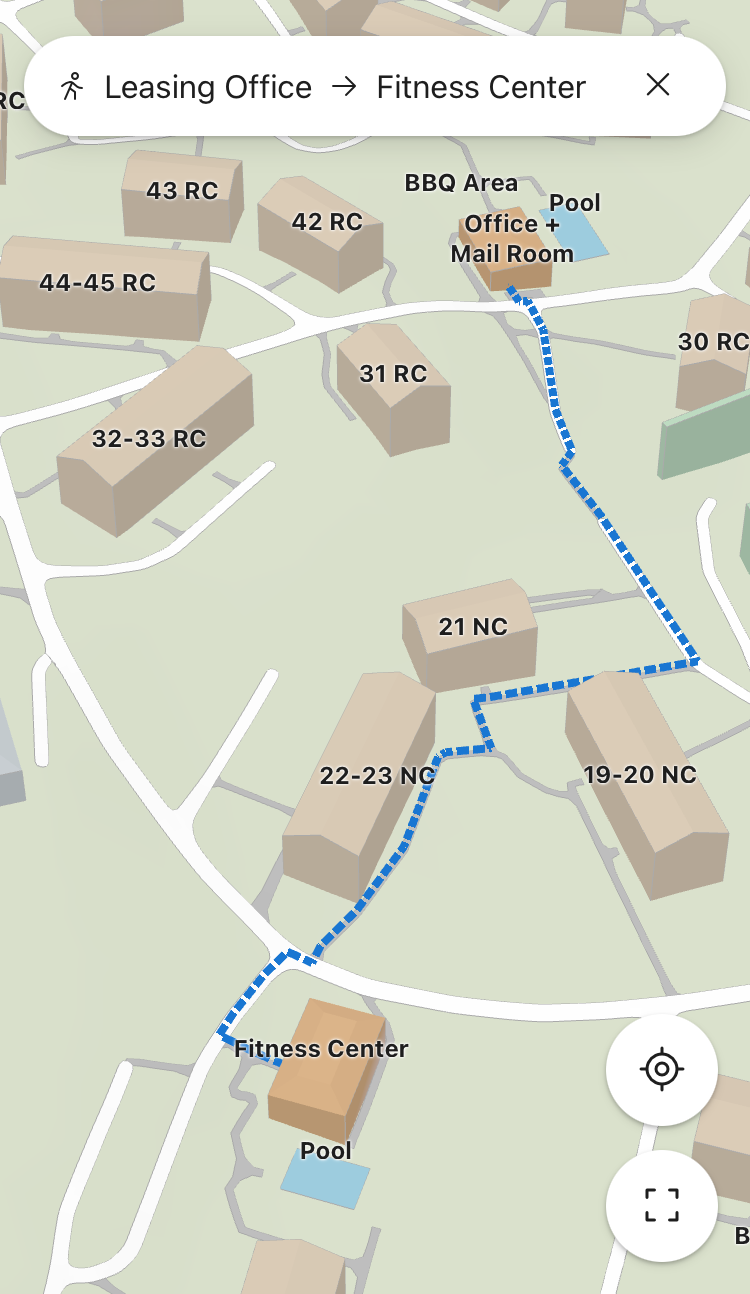 Screenshot of a 3D map of an apartment complex, showing buildings and routes between them