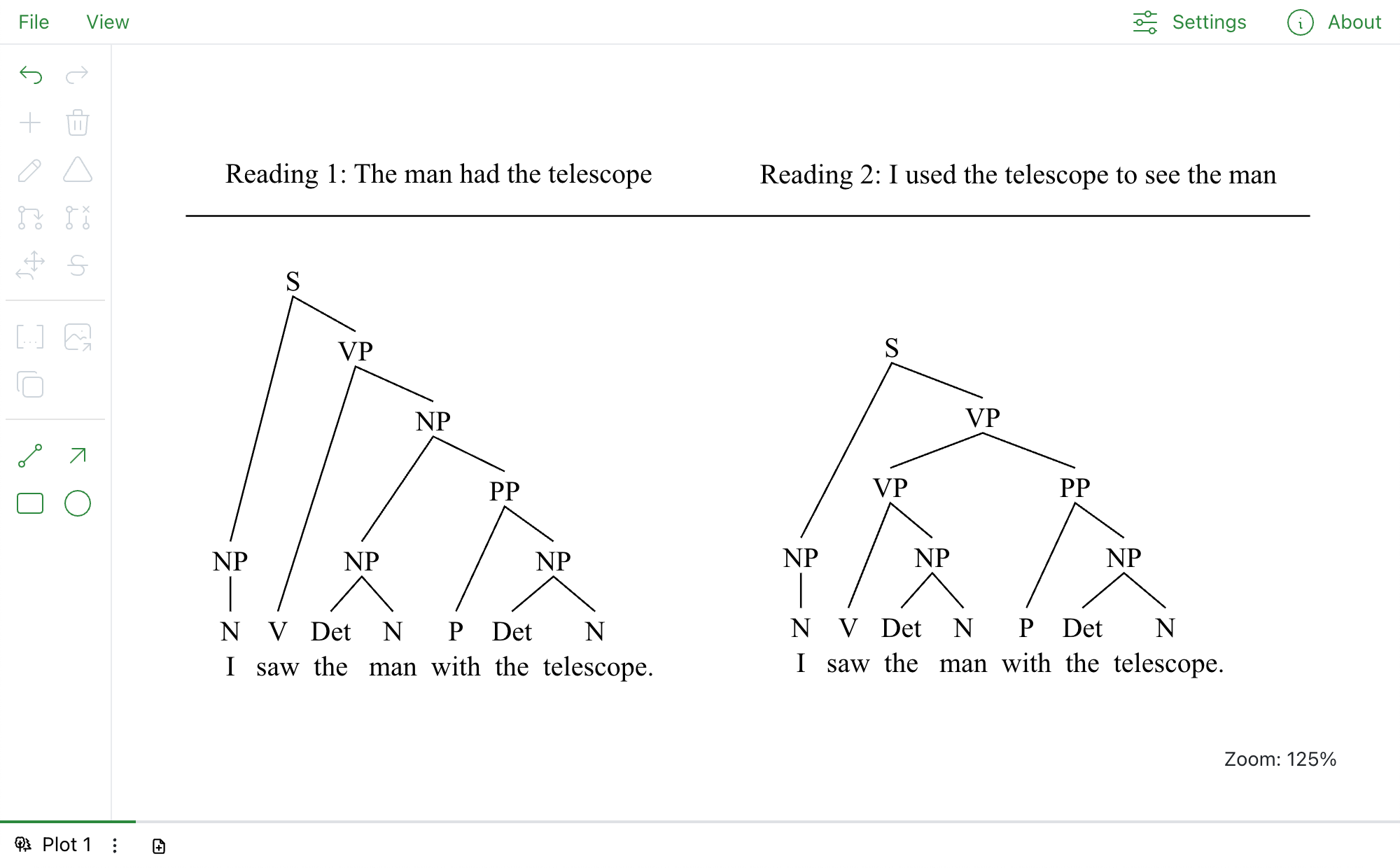 Screenshot of NPBloom, a tool for drawing linguistic syntax trees